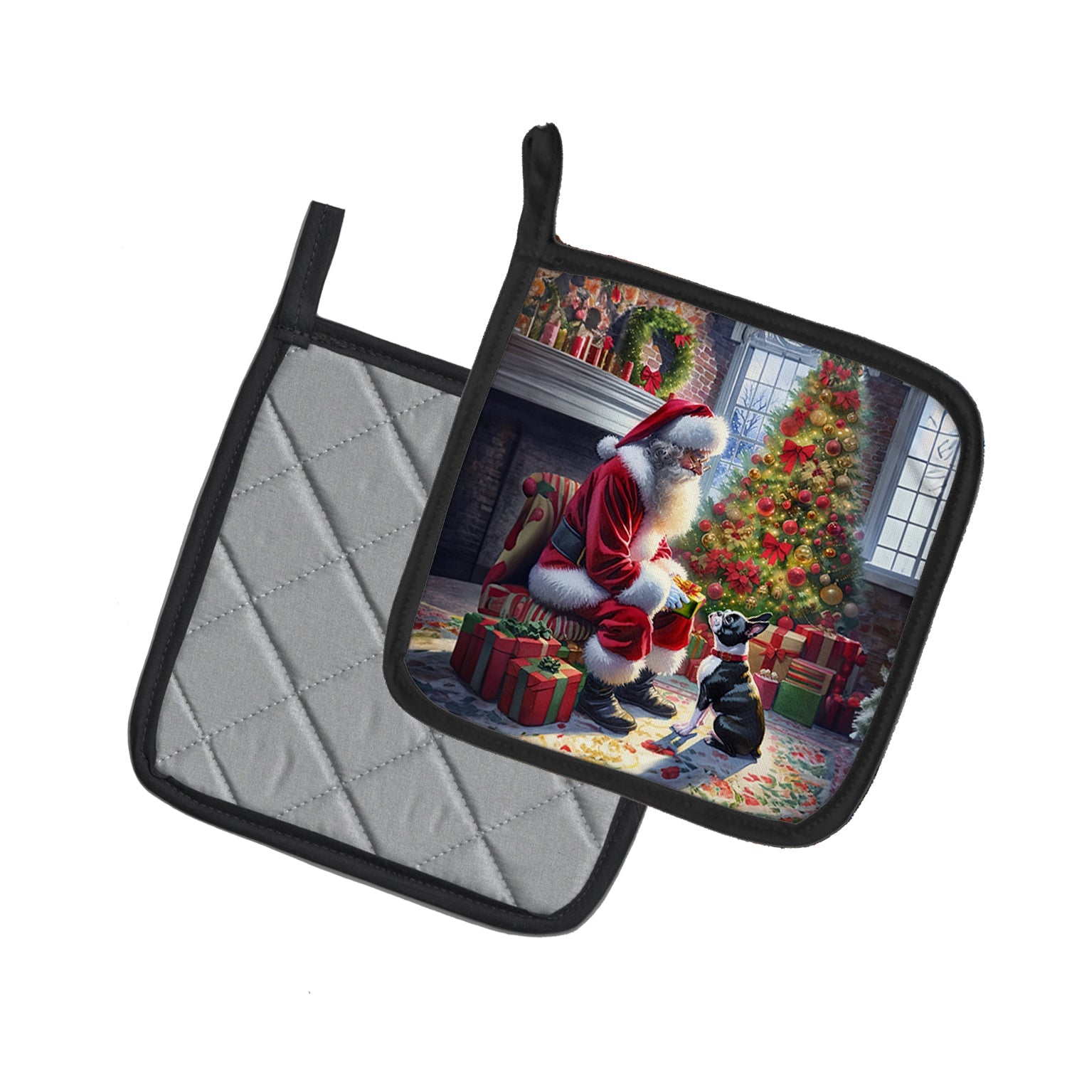 Boston Terrier and Santa Claus Pot Holder Set of 2 Heat Resistant Quilted Hot Pads 7.5 x 7.5 Inch, Insulated Kitchen Trivets for Cooking & Baking
