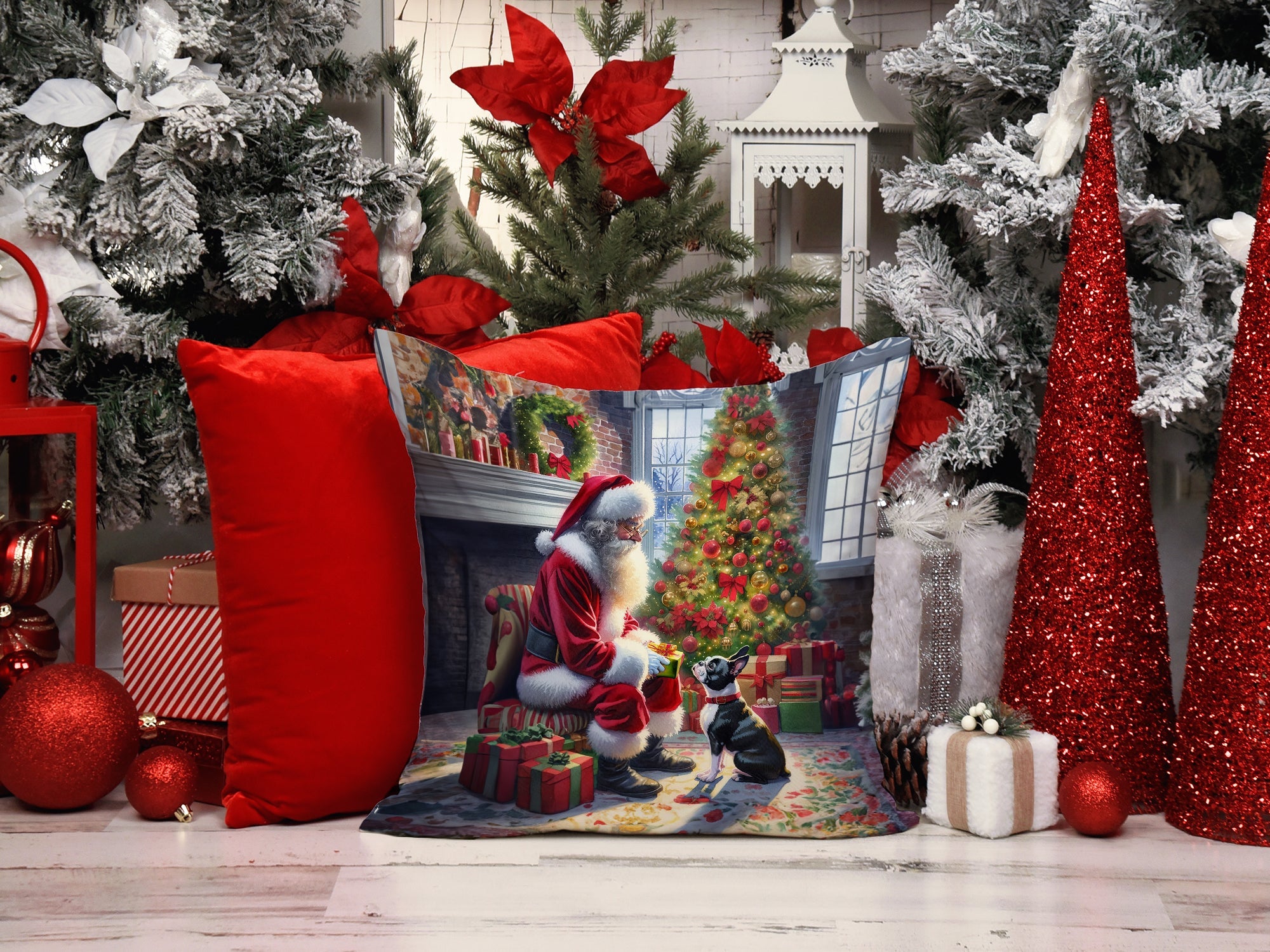 Boston Terrier and Santa Claus Decorative Throw Pillow 14x14 Indoor Outdoor Accent Cushion, Fabric Cover with Insert for Sofa, Bed, Porch & Living Room