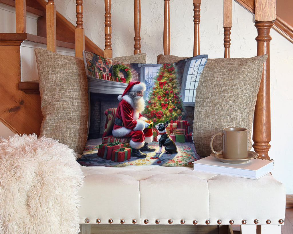 Boston Terrier and Santa Claus Decorative Throw Pillow 14x14 Indoor Outdoor Accent Cushion, Fabric Cover with Insert for Sofa, Bed, Porch & Living Room