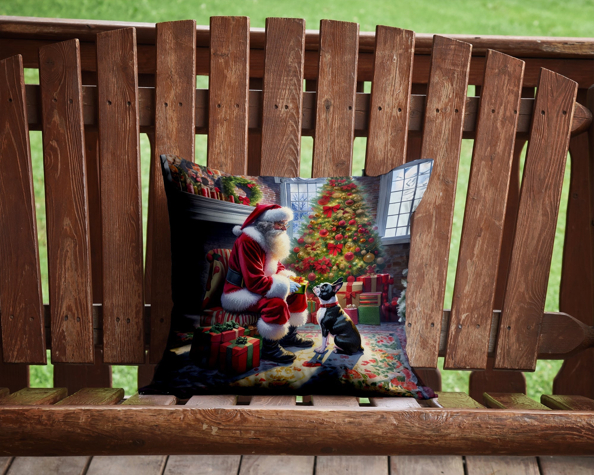 Boston Terrier and Santa Claus Decorative Throw Pillow 14x14 Indoor Outdoor Accent Cushion, Fabric Cover with Insert for Sofa, Bed, Porch & Living Room