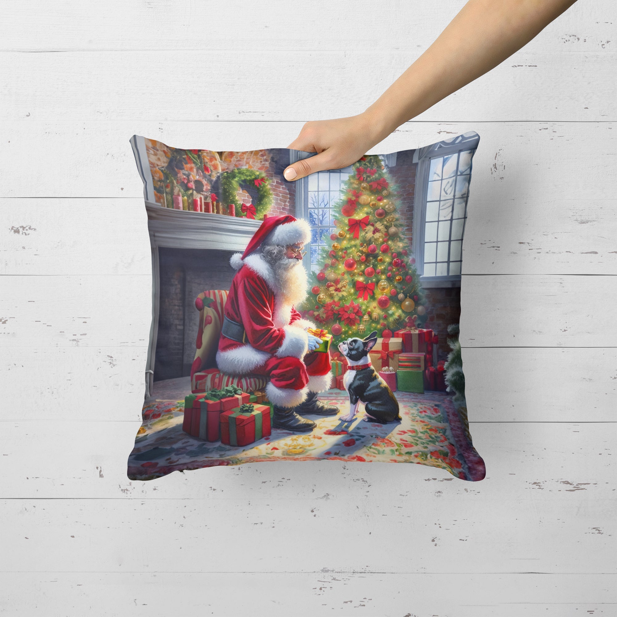 Boston Terrier and Santa Claus Decorative Throw Pillow 18x18 Indoor Outdoor Accent Cushion, Fabric Cover with Insert for Sofa, Bed, Porch & Living Room
