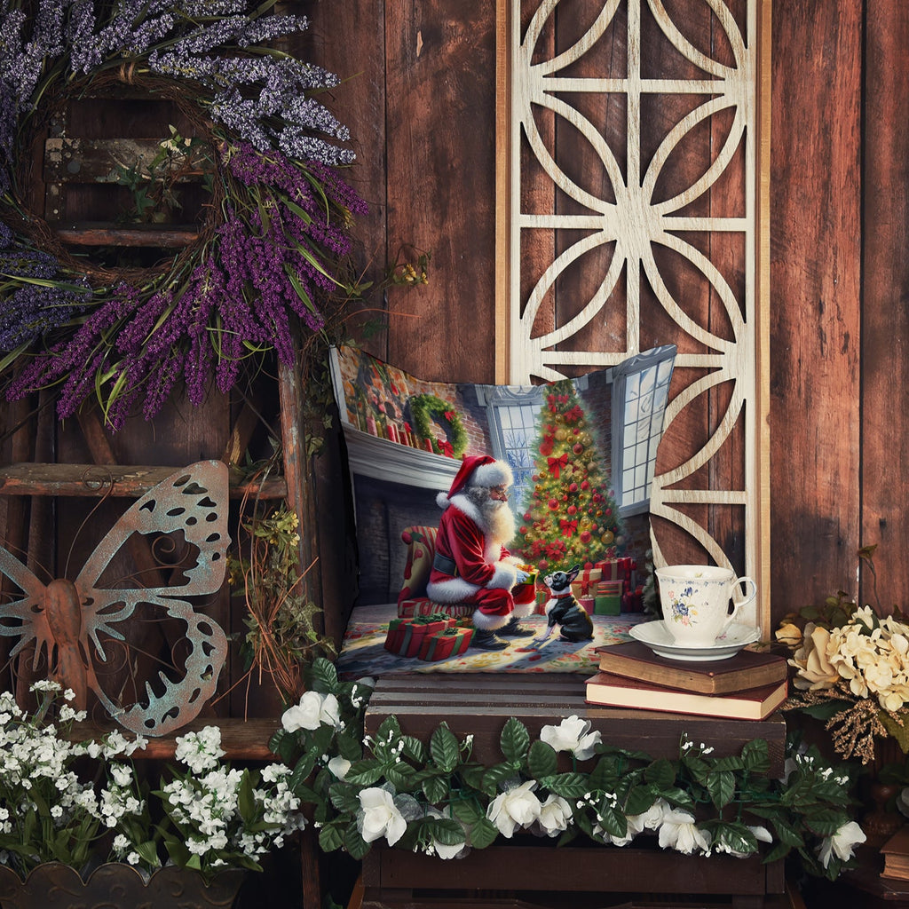 Boston Terrier and Santa Claus Decorative Throw Pillow 18x18 Indoor Outdoor Accent Cushion, Fabric Cover with Insert for Sofa, Bed, Porch & Living Room