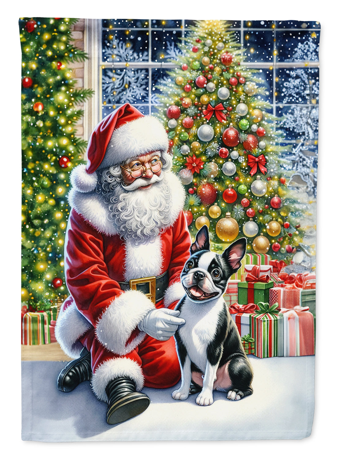 Boston Terrier and Santa Claus House Flag 28x40 Porch Sleeve Pole Decorative Outside Yard Banner Artwork Wall Hanging, Polyester