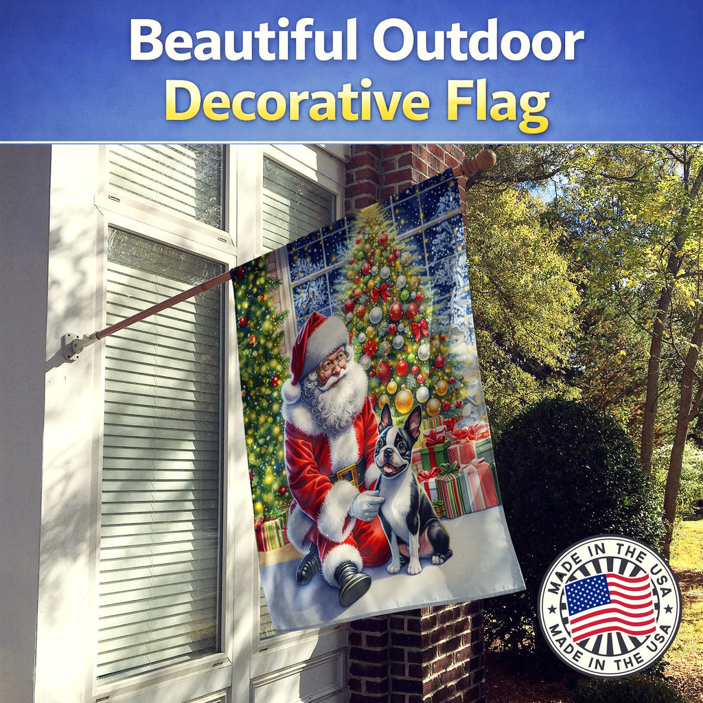 Boston Terrier and Santa Claus House Flag 28x40 Porch Sleeve Pole Decorative Outside Yard Banner Artwork Wall Hanging, Polyester