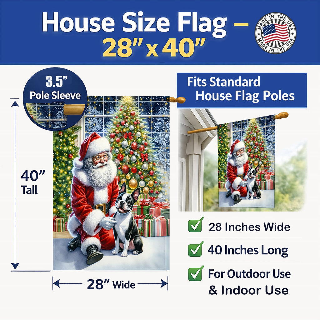 Boston Terrier and Santa Claus House Flag 28x40 Porch Sleeve Pole Decorative Outside Yard Banner Artwork Wall Hanging, Polyester