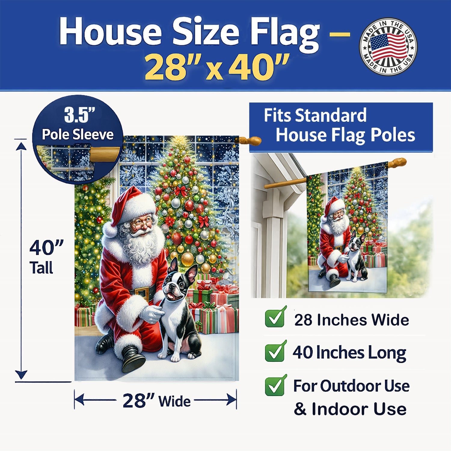 Boston Terrier and Santa Claus House Flag 28x40 Porch Sleeve Pole Decorative Outside Yard Banner Artwork Wall Hanging, Polyester