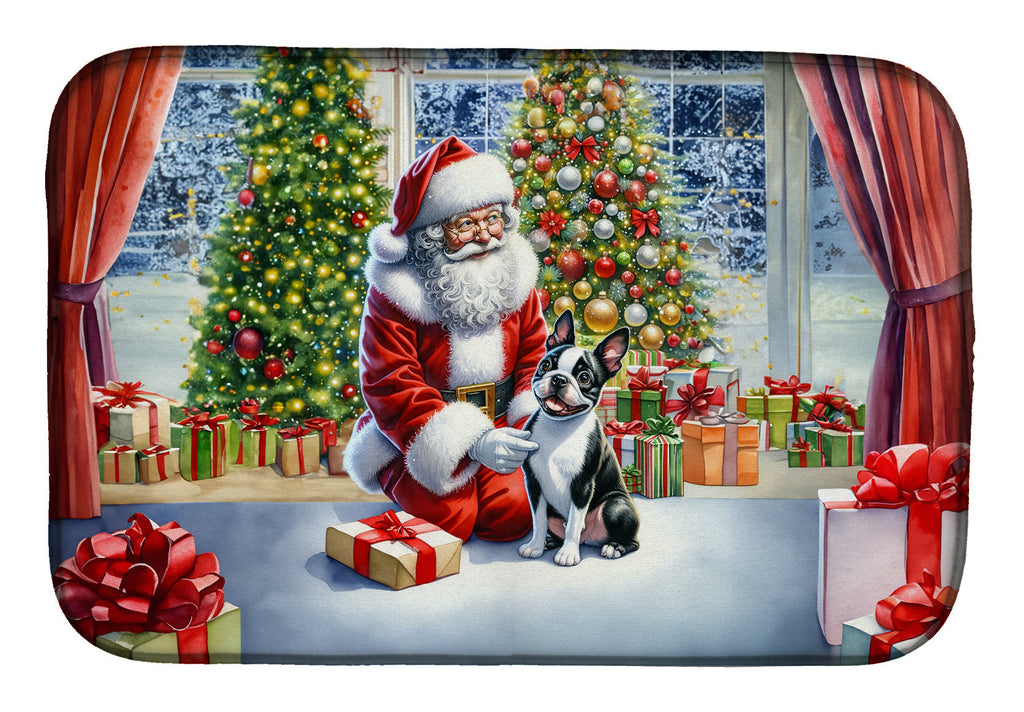 Boston Terrier and Santa Claus Dish Drying Mat Absorbent Dish Drying Mat Pad for Kitchen Counter Dish Drainer Mat for Countertop, 14 x 21", Multicolor
