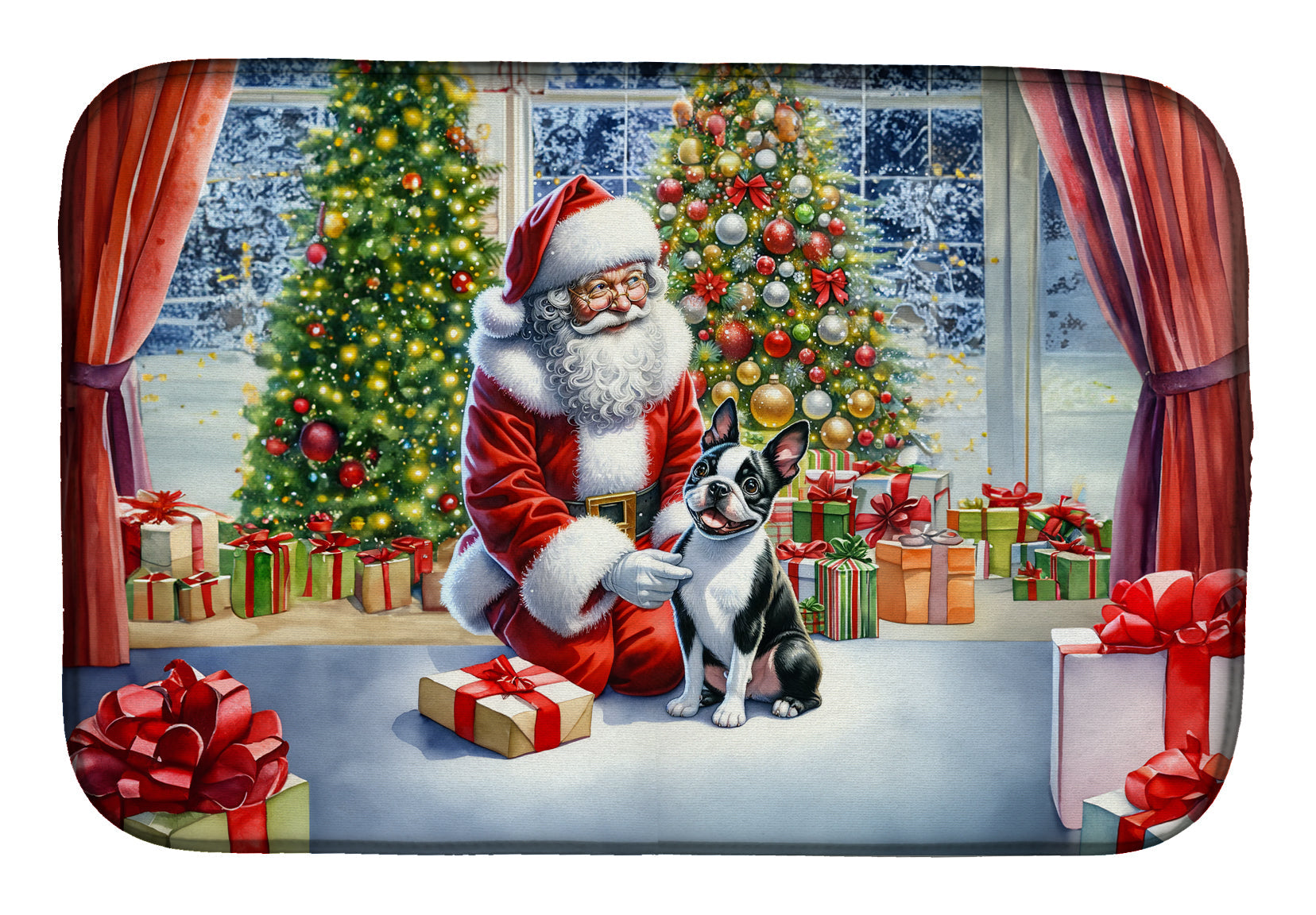 Boston Terrier and Santa Claus Dish Drying Mat Absorbent Dish Drying Mat Pad for Kitchen Counter Dish Drainer Mat for Countertop, 14 x 21", Multicolor