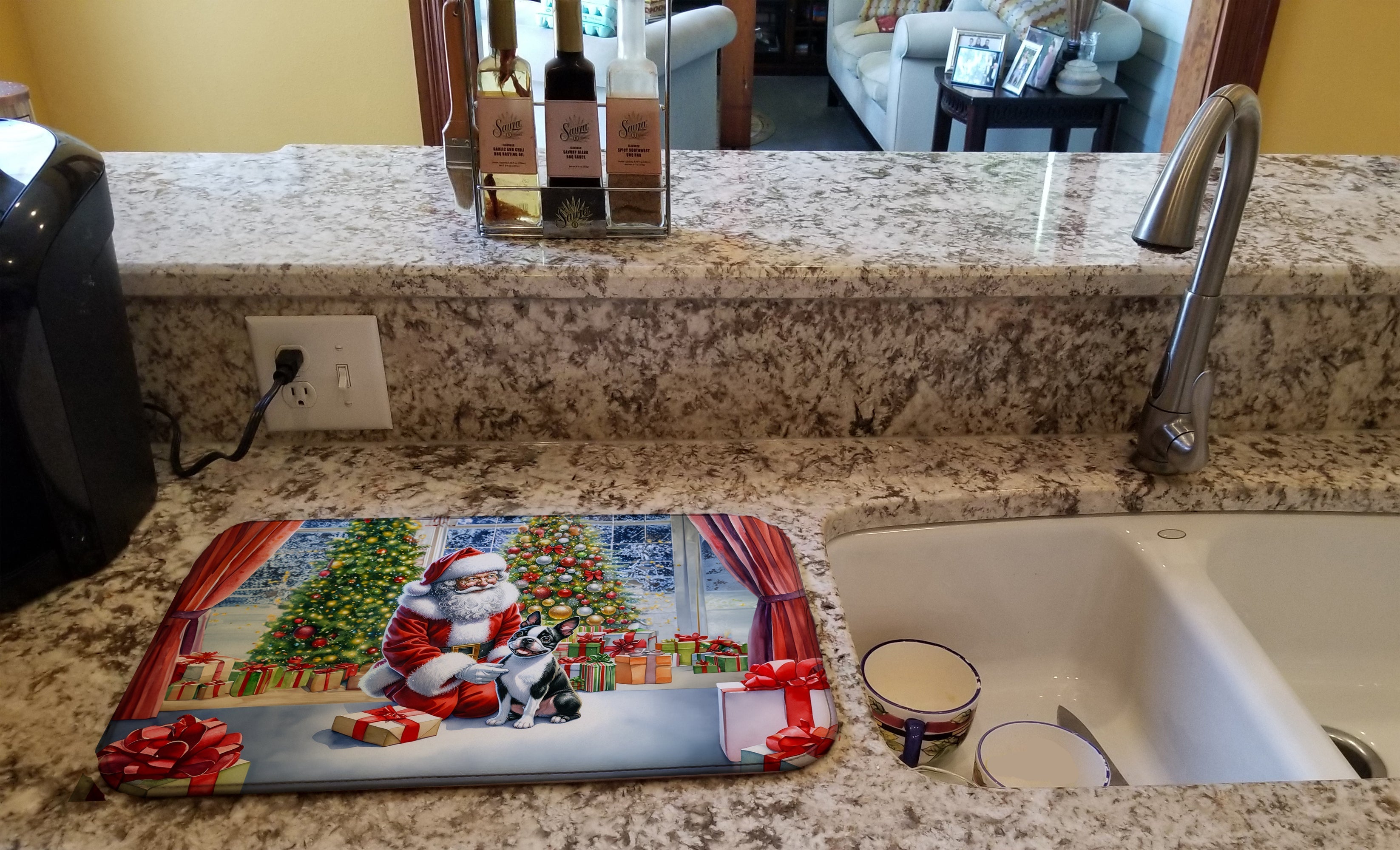 Boston Terrier and Santa Claus Dish Drying Mat Absorbent Dish Drying Mat Pad for Kitchen Counter Dish Drainer Mat for Countertop, 14 x 21", Multicolor