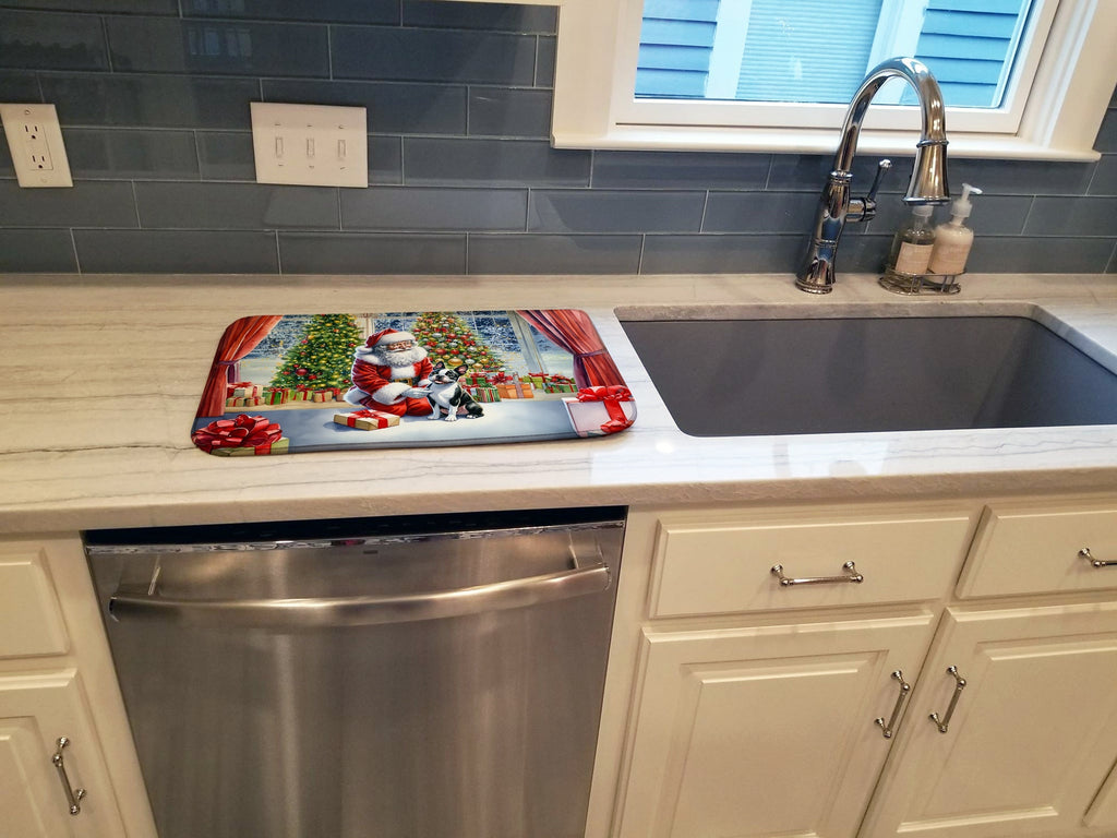Boston Terrier and Santa Claus Dish Drying Mat Absorbent Dish Drying Mat Pad for Kitchen Counter Dish Drainer Mat for Countertop, 14 x 21", Multicolor