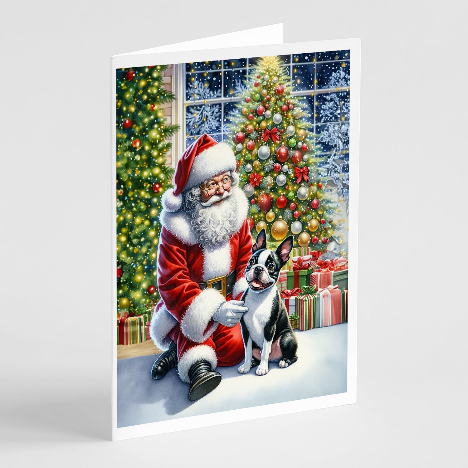 Boston Terrier and Santa Claus Greeting Cards Pack of 8 Blank Cards with Envelopes Whimsical A7 Size 5x7