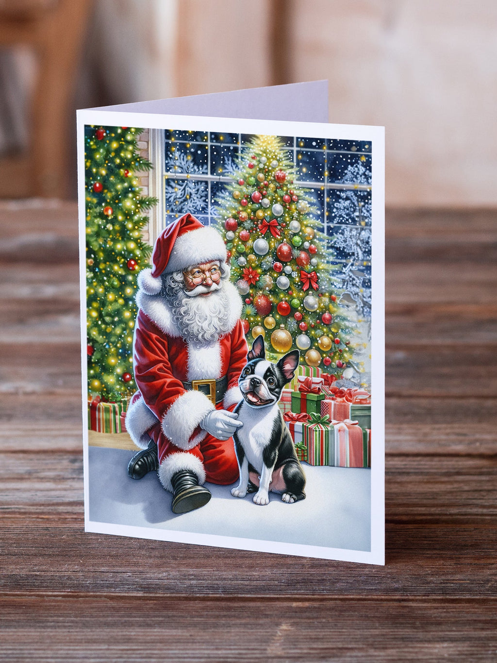 Boston Terrier and Santa Claus Greeting Cards Pack of 8 Blank Cards with Envelopes Whimsical A7 Size 5x7