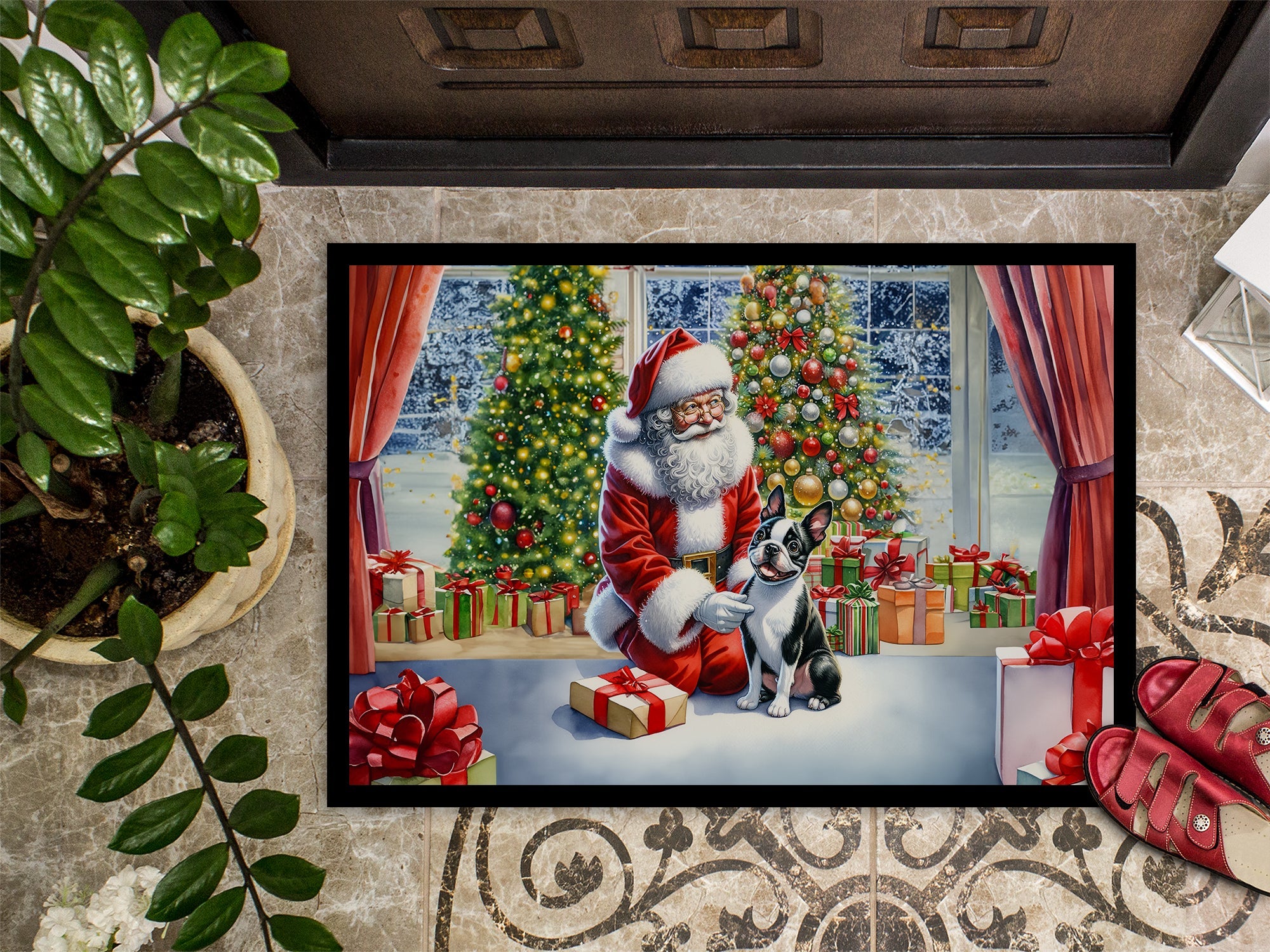Boston Terrier and Santa Claus Doormat Indoor Outdoor 24H X 36W Front Door Mat Rugs for Entryway, Non Slip Washable Low Pile,