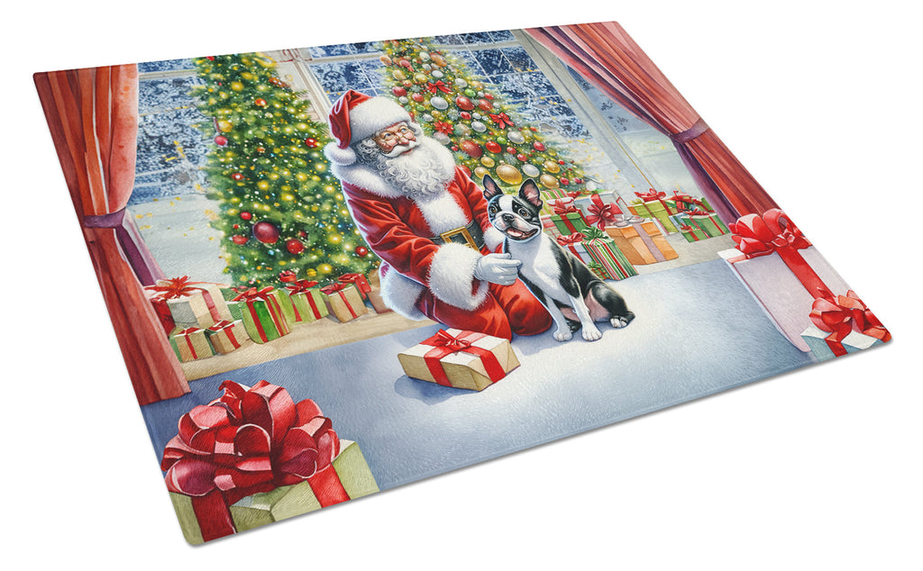Boston Terrier and Santa Claus Cutting Board Tempered Glass Kitchen Cutting Surface, Heat Resistant Chopping, Non-Slip Feet, Food Prep & Serving
