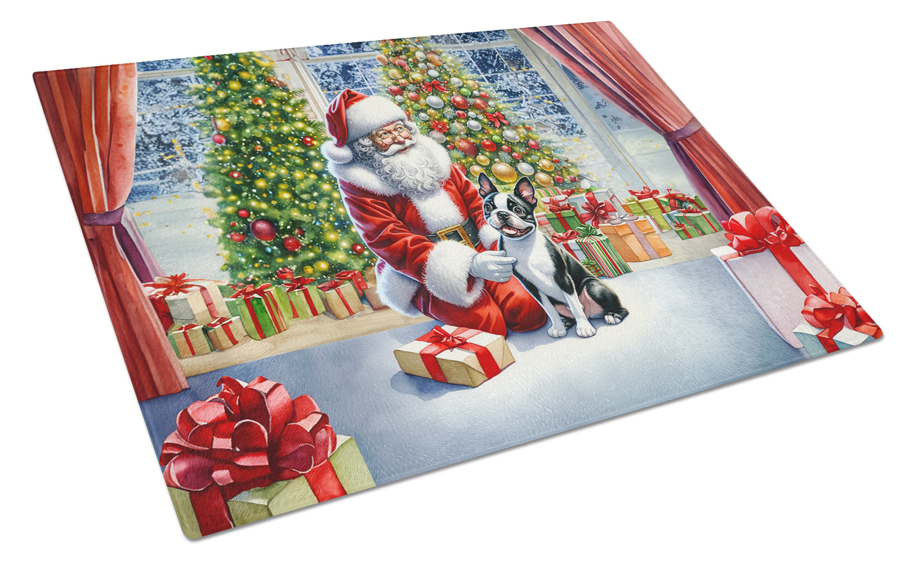 Boston Terrier and Santa Claus Cutting Board Tempered Glass Kitchen Cutting Surface, Heat Resistant Chopping, Non-Slip Feet, Food Prep & Serving