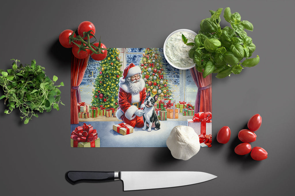 Boston Terrier and Santa Claus Cutting Board Tempered Glass Kitchen Cutting Surface, Heat Resistant Chopping, Non-Slip Feet, Food Prep & Serving