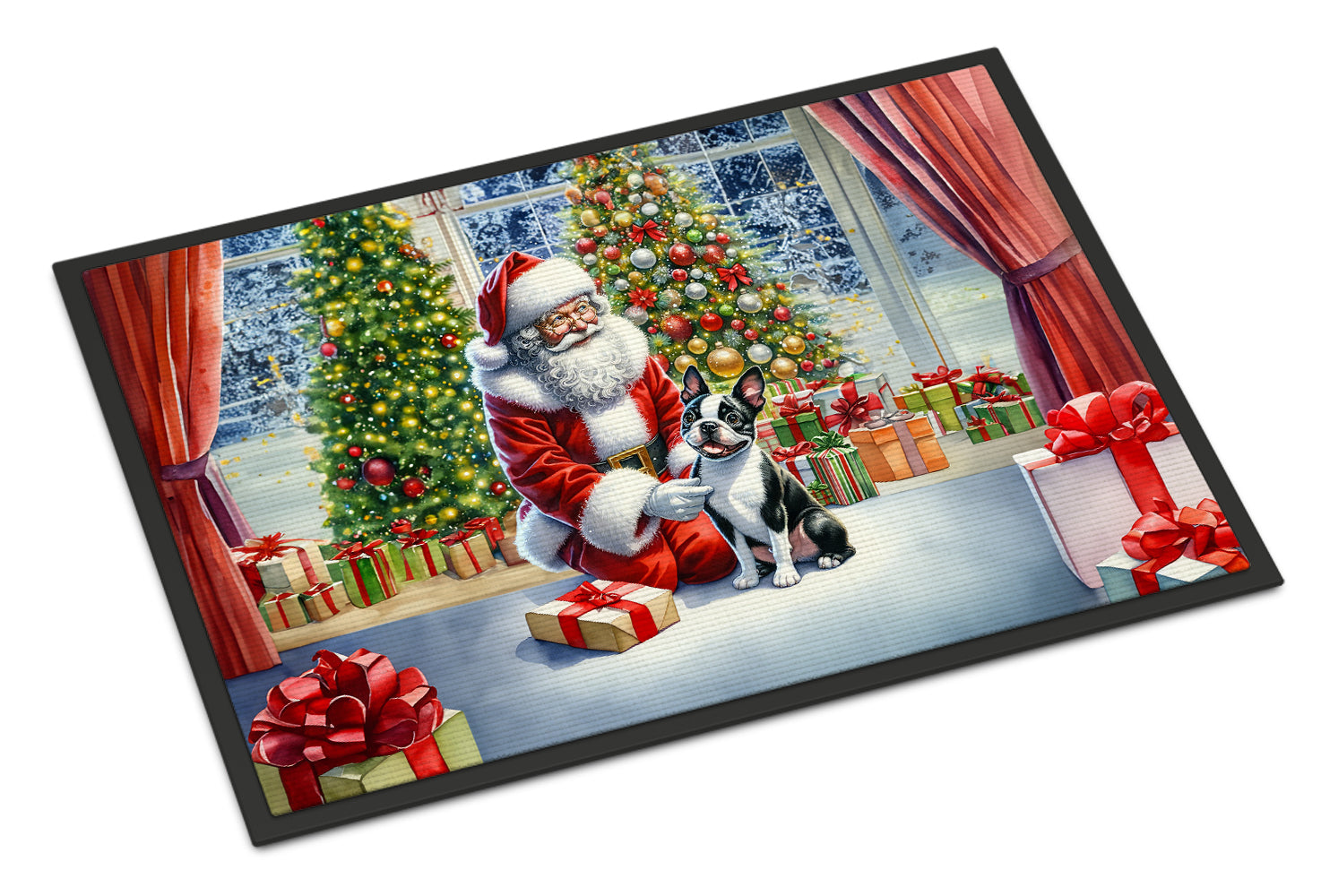 Boston Terrier and Santa Claus Doormat Indoor Outdoor 18H X 27W Front Door Mat Rugs for Entryway, Non Slip Washable