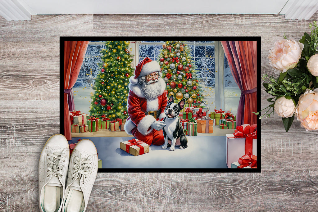 Boston Terrier and Santa Claus Doormat Indoor Outdoor 18H X 27W Front Door Mat Rugs for Entryway, Non Slip Washable