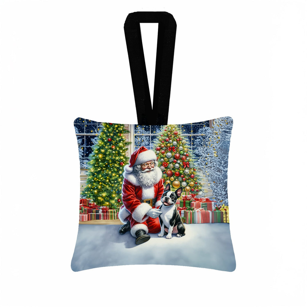 Boston Terrier and Santa Claus Hanging Square Fabric Ornament 3.5 × 3.5 Decorative Door-Knob & Tree Hanger, Soft Fabric