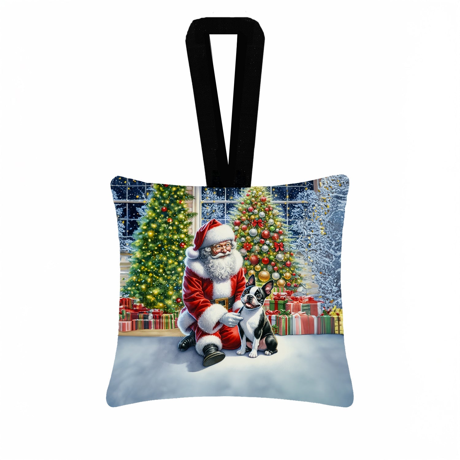 Boston Terrier and Santa Claus Hanging Square Fabric Ornament 3.5 × 3.5 Decorative Door-Knob & Tree Hanger, Soft Fabric