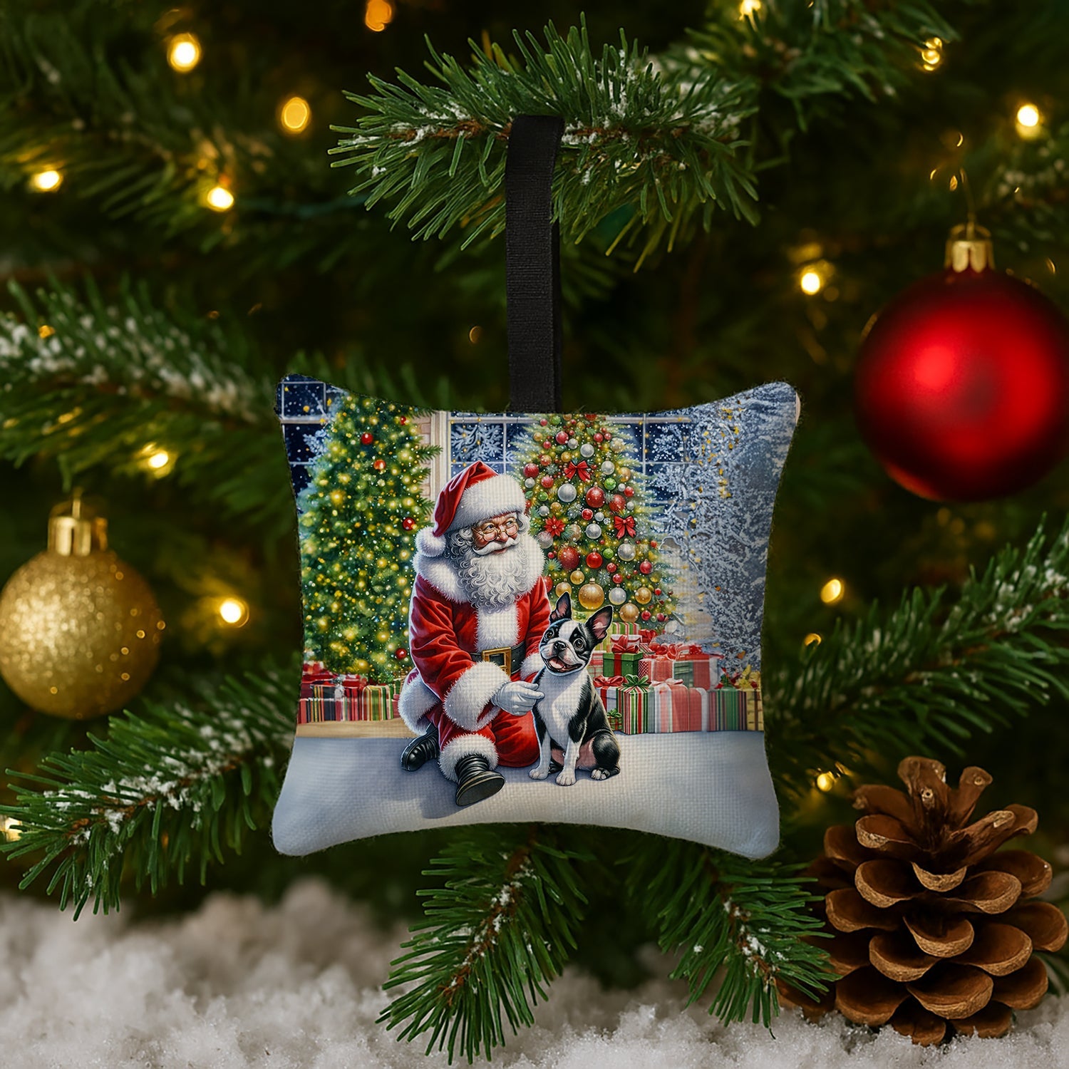 Boston Terrier and Santa Claus Hanging Square Fabric Ornament 3.5 × 3.5 Decorative Door-Knob & Tree Hanger, Soft Fabric