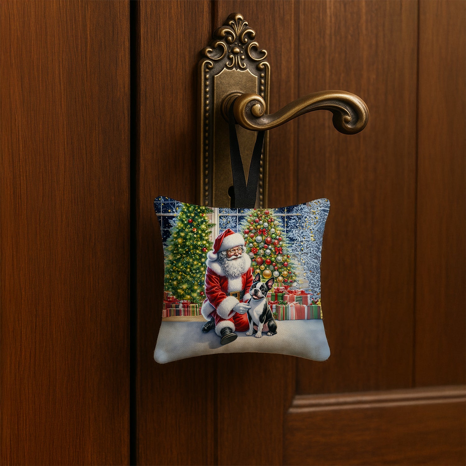 Boston Terrier and Santa Claus Hanging Square Fabric Ornament 3.5 × 3.5 Decorative Door-Knob & Tree Hanger, Soft Fabric