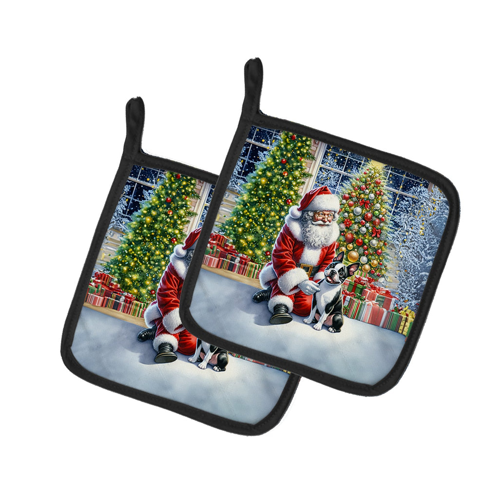 Boston Terrier and Santa Claus Pot Holder Set of 2 Heat Resistant Quilted Hot Pads 7.5 x 7.5 Inch, Insulated Kitchen Trivets for Cooking & Baking