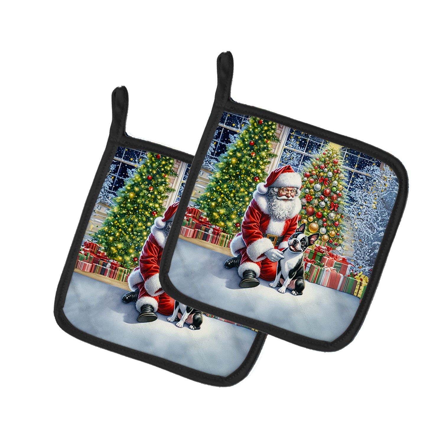 Boston Terrier and Santa Claus Pot Holder Set of 2 Heat Resistant Quilted Hot Pads 7.5 x 7.5 Inch, Insulated Kitchen Trivets for Cooking & Baking