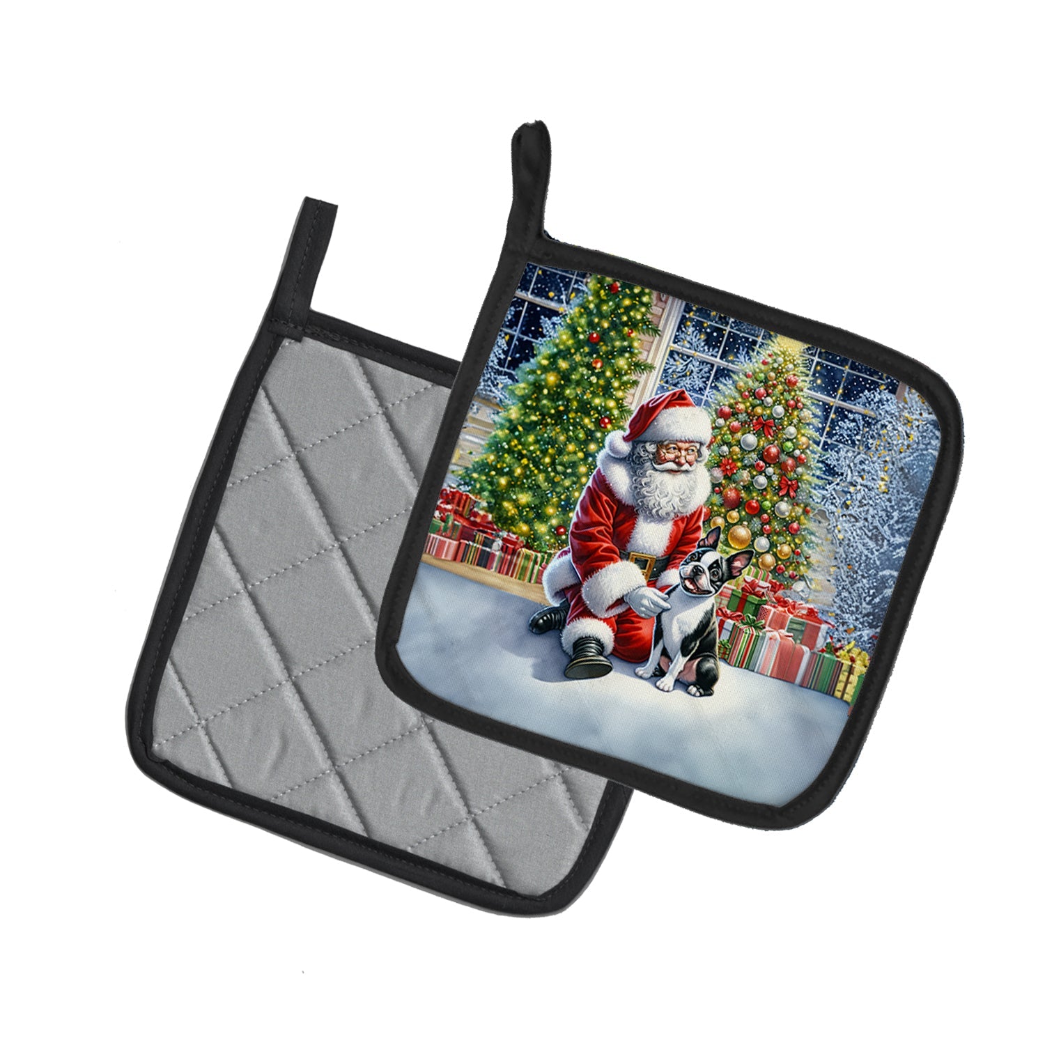 Boston Terrier and Santa Claus Pot Holder Set of 2 Heat Resistant Quilted Hot Pads 7.5 x 7.5 Inch, Insulated Kitchen Trivets for Cooking & Baking