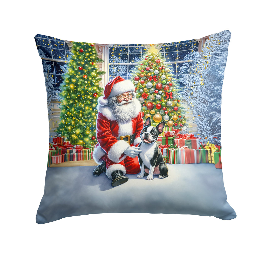 Boston Terrier and Santa Claus Decorative Throw Pillow 14x14 Indoor Outdoor Accent Cushion, Fabric Cover with Insert for Sofa, Bed, Porch & Living Room