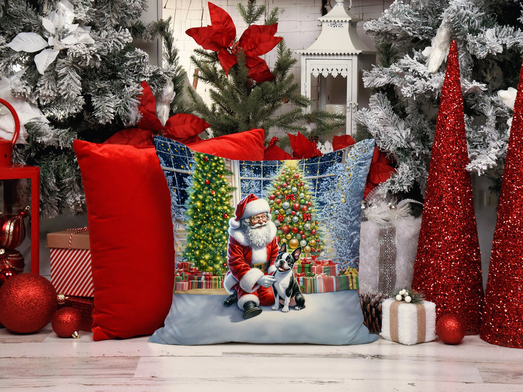Boston Terrier and Santa Claus Decorative Throw Pillow 14x14 Indoor Outdoor Accent Cushion, Fabric Cover with Insert for Sofa, Bed, Porch & Living Room