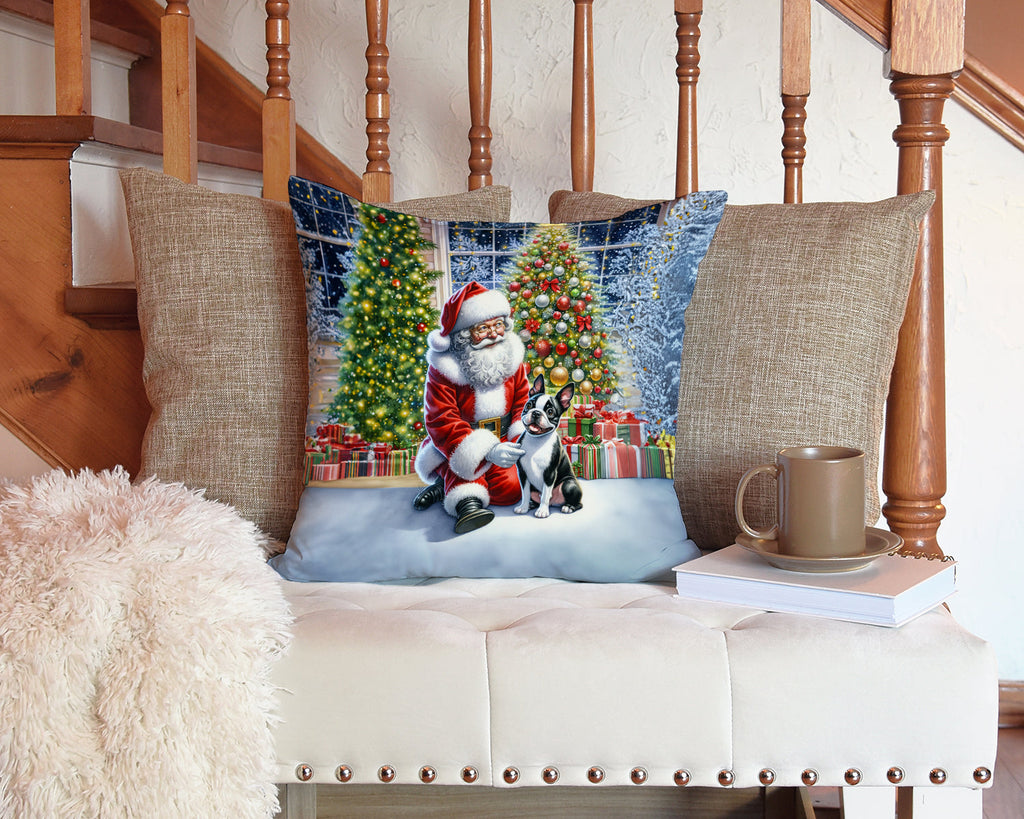 Boston Terrier and Santa Claus Decorative Throw Pillow 14x14 Indoor Outdoor Accent Cushion, Fabric Cover with Insert for Sofa, Bed, Porch & Living Room