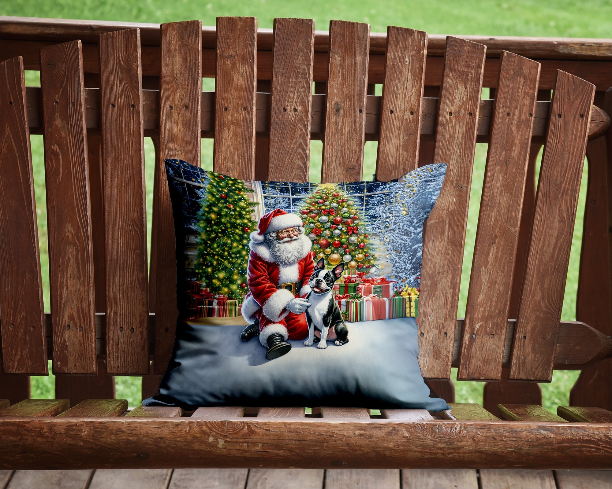 Boston Terrier and Santa Claus Decorative Throw Pillow 14x14 Indoor Outdoor Accent Cushion, Fabric Cover with Insert for Sofa, Bed, Porch & Living Room
