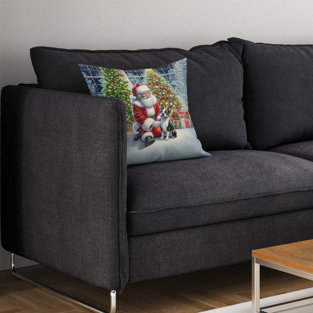 Boston Terrier and Santa Claus Decorative Throw Pillow 14x14 Indoor Outdoor Accent Cushion, Fabric Cover with Insert for Sofa, Bed, Porch & Living Room