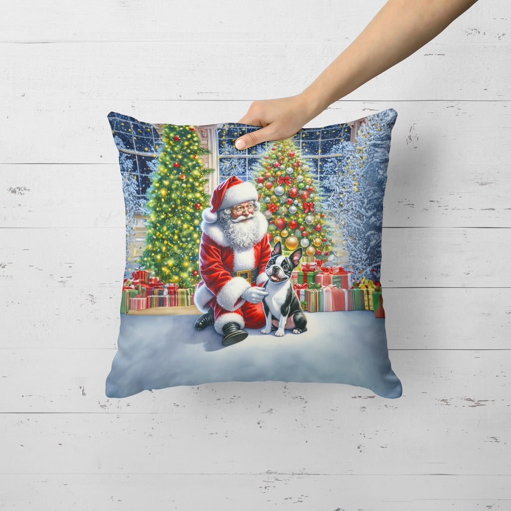 Boston Terrier and Santa Claus Decorative Throw Pillow 18x18 Indoor Outdoor Accent Cushion, Fabric Cover with Insert for Sofa, Bed, Porch & Living Room