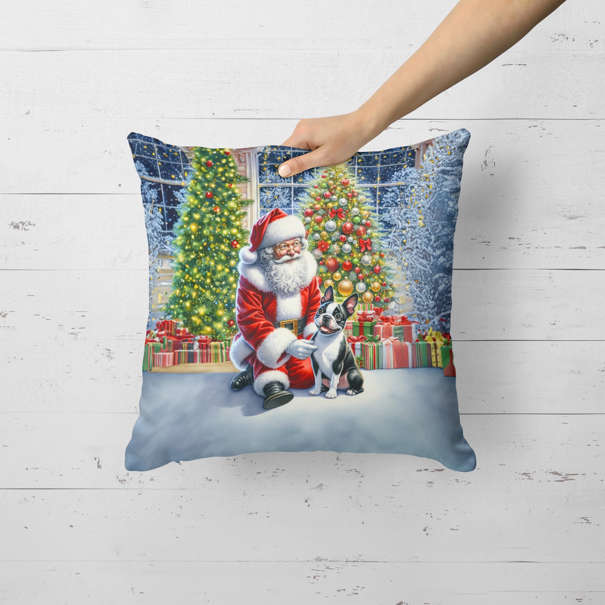 Boston Terrier and Santa Claus Decorative Throw Pillow 18x18 Indoor Outdoor Accent Cushion, Fabric Cover with Insert for Sofa, Bed, Porch & Living Room