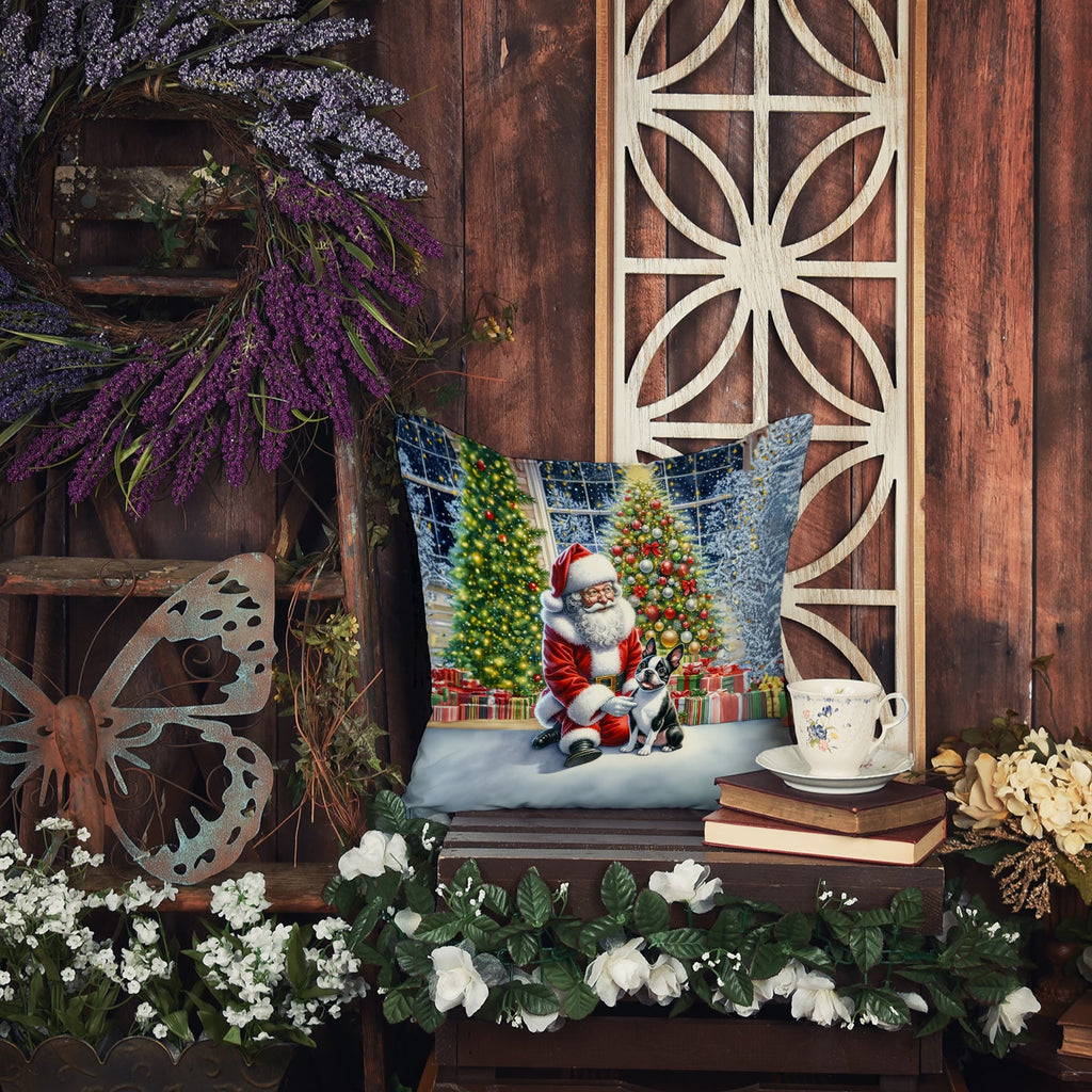 Boston Terrier and Santa Claus Decorative Throw Pillow 18x18 Indoor Outdoor Accent Cushion, Fabric Cover with Insert for Sofa, Bed, Porch & Living Room