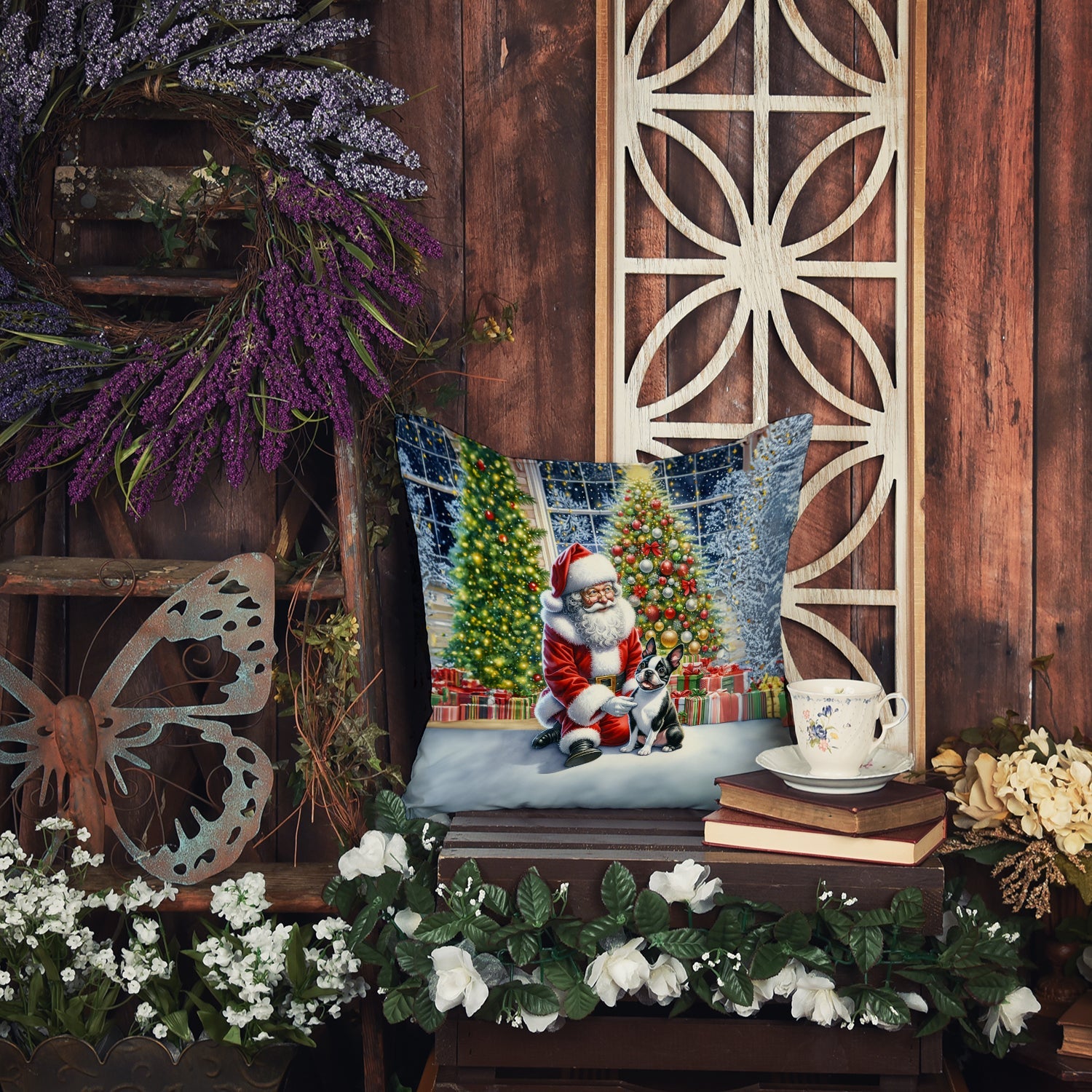 Boston Terrier and Santa Claus Decorative Throw Pillow 18x18 Indoor Outdoor Accent Cushion, Fabric Cover with Insert for Sofa, Bed, Porch & Living Room