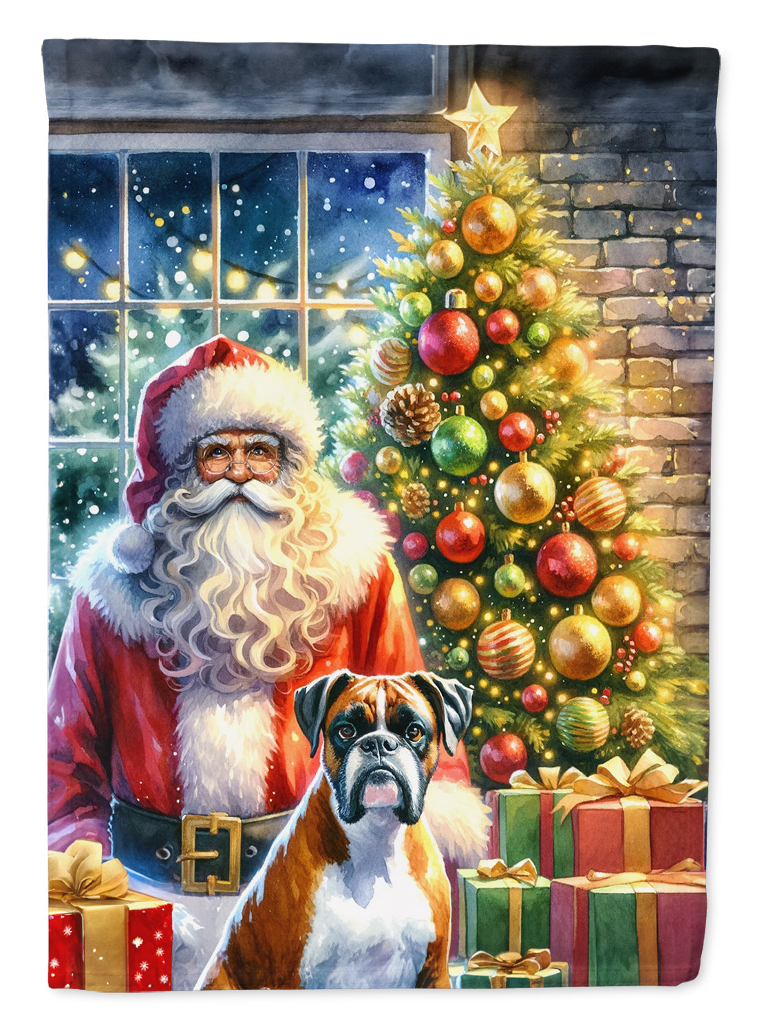 Boxer and Santa Claus House Flag 28x40 Porch Sleeve Pole Decorative Outside Yard Banner Artwork Wall Hanging, Polyester