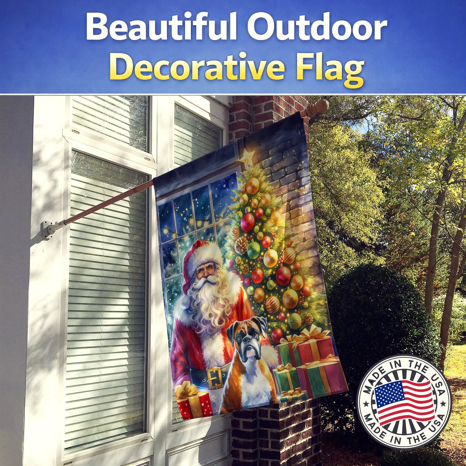 Boxer and Santa Claus House Flag 28x40 Porch Sleeve Pole Decorative Outside Yard Banner Artwork Wall Hanging, Polyester