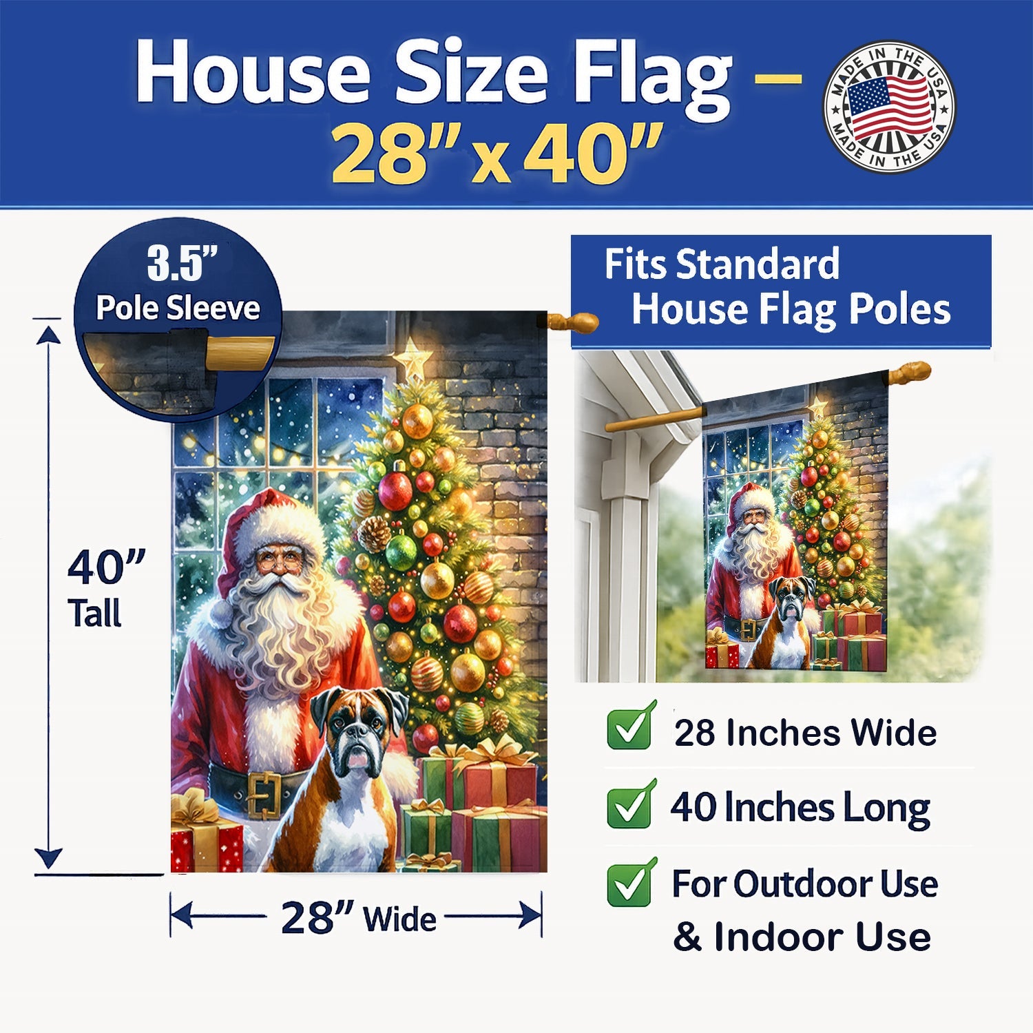 Boxer and Santa Claus House Flag 28x40 Porch Sleeve Pole Decorative Outside Yard Banner Artwork Wall Hanging, Polyester