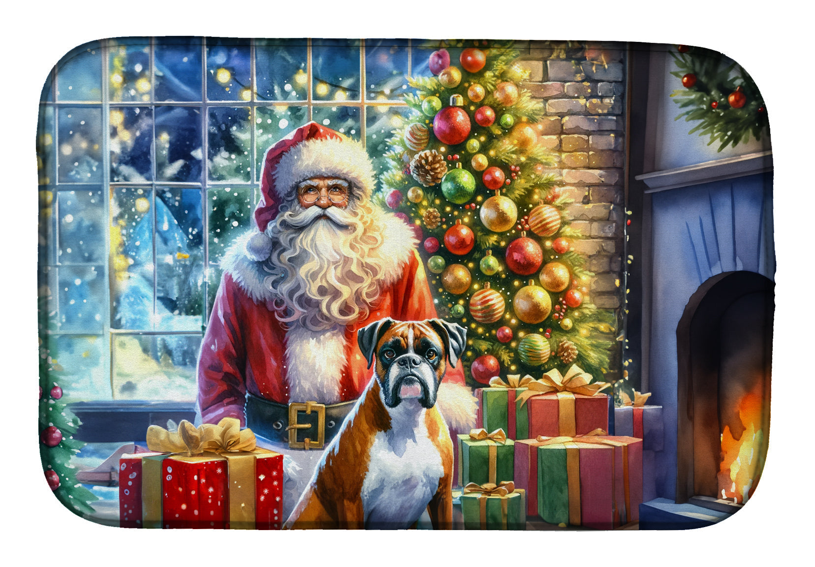 Boxer and Santa Claus Dish Drying Mat Absorbent Dish Drying Mat Pad for Kitchen Counter Dish Drainer Mat for Countertop, 14 x 21", Multicolor