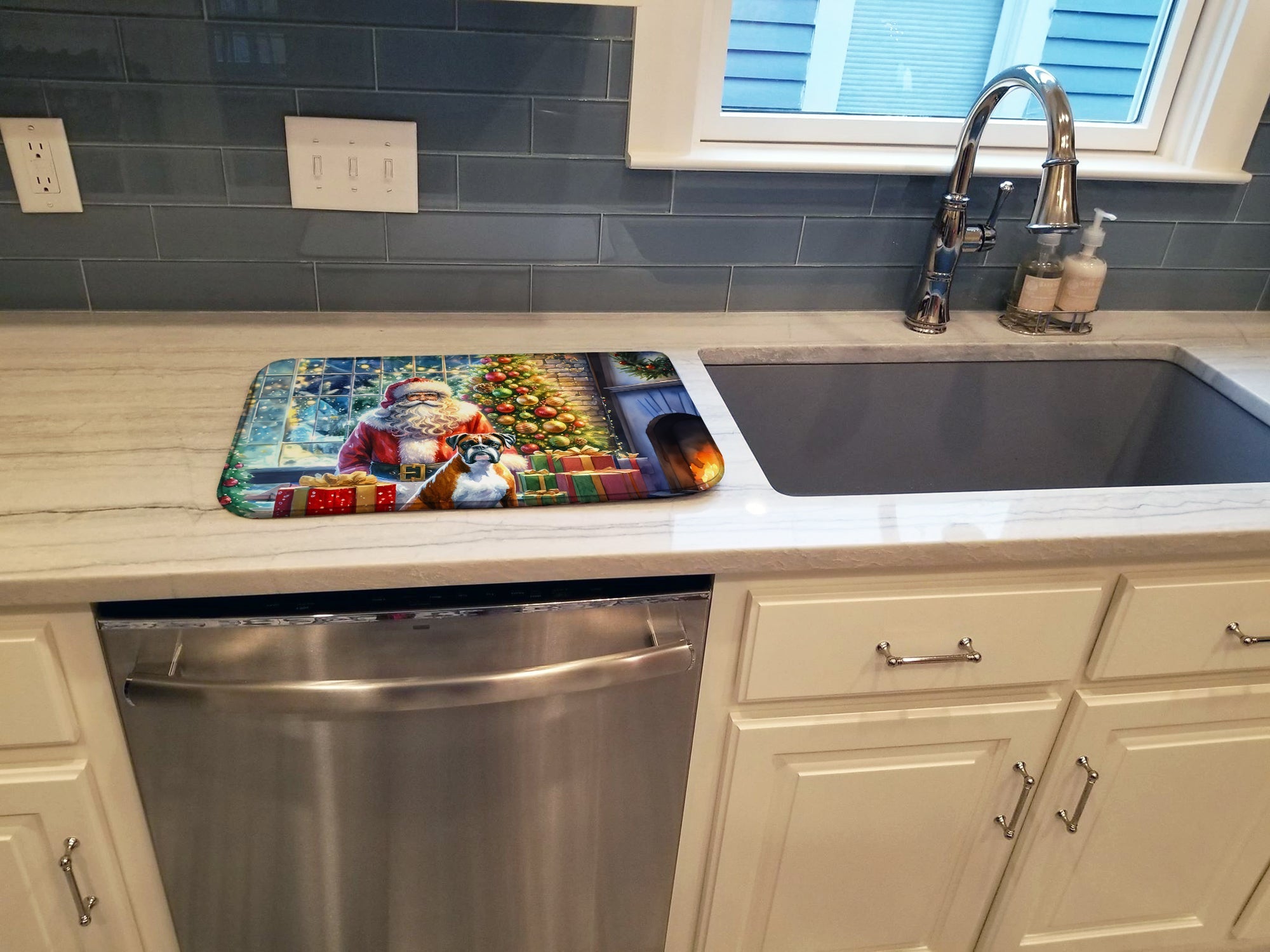 Boxer and Santa Claus Dish Drying Mat Absorbent Dish Drying Mat Pad for Kitchen Counter Dish Drainer Mat for Countertop, 14 x 21", Multicolor