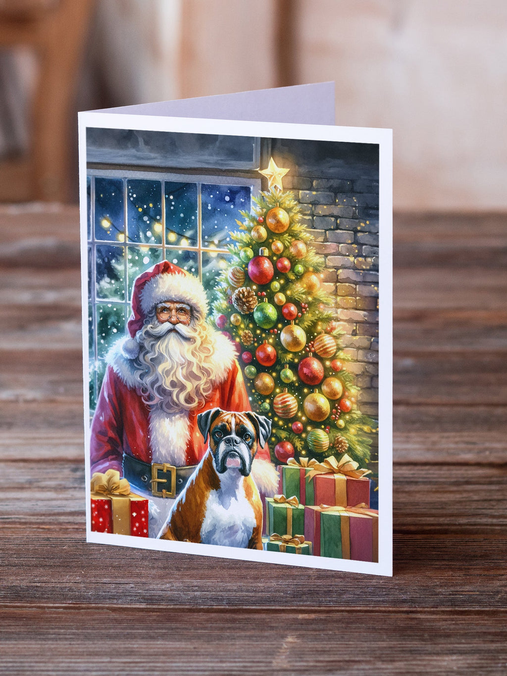 Boxer and Santa Claus Greeting Cards Pack of 8 Blank Cards with Envelopes Whimsical A7 Size 5x7