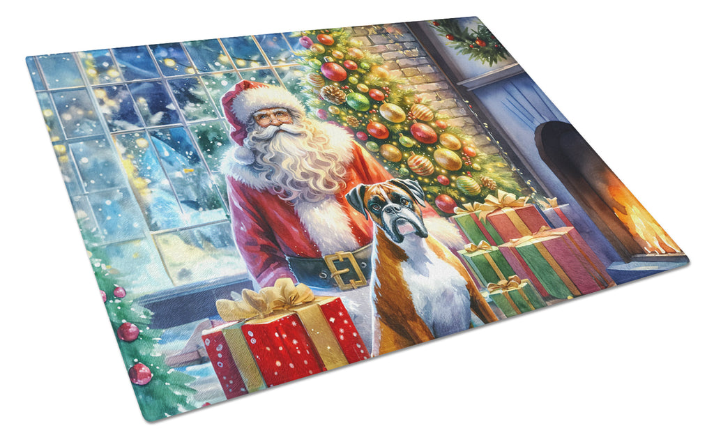 Boxer and Santa Claus Cutting Board Tempered Glass Kitchen Cutting Surface, Heat Resistant Chopping, Non-Slip Feet, Food Prep & Serving