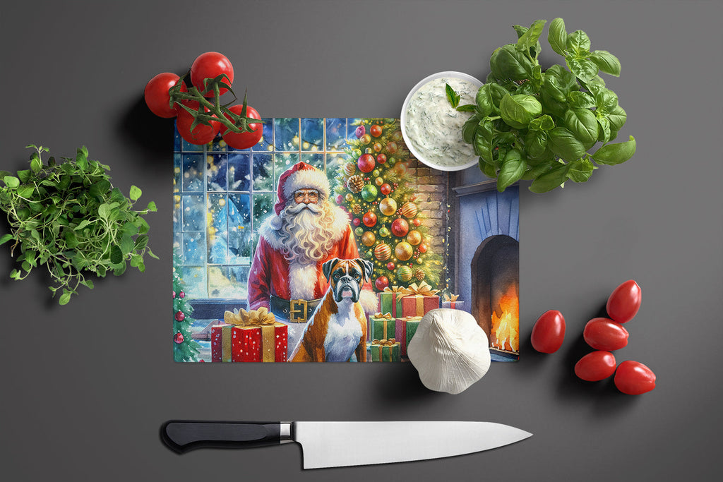 Boxer and Santa Claus Cutting Board Tempered Glass Kitchen Cutting Surface, Heat Resistant Chopping, Non-Slip Feet, Food Prep & Serving