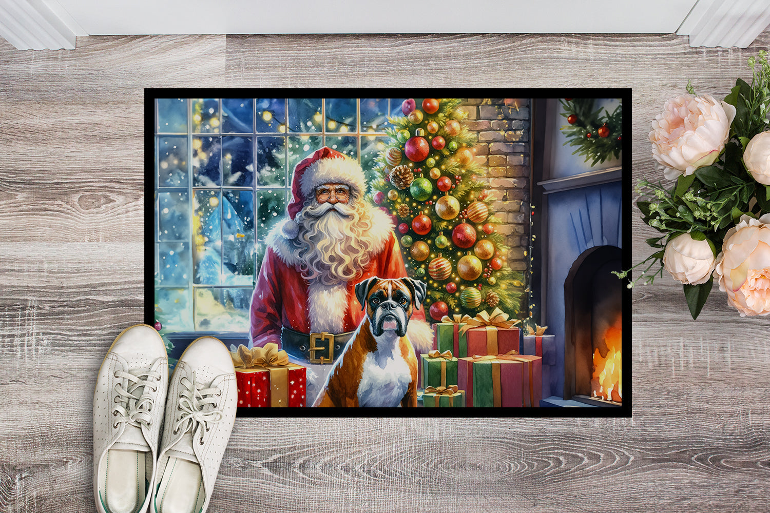 Boxer and Santa Claus Doormat Indoor Outdoor 18H X 27W Front Door Mat Rugs for Entryway, Non Slip Washable