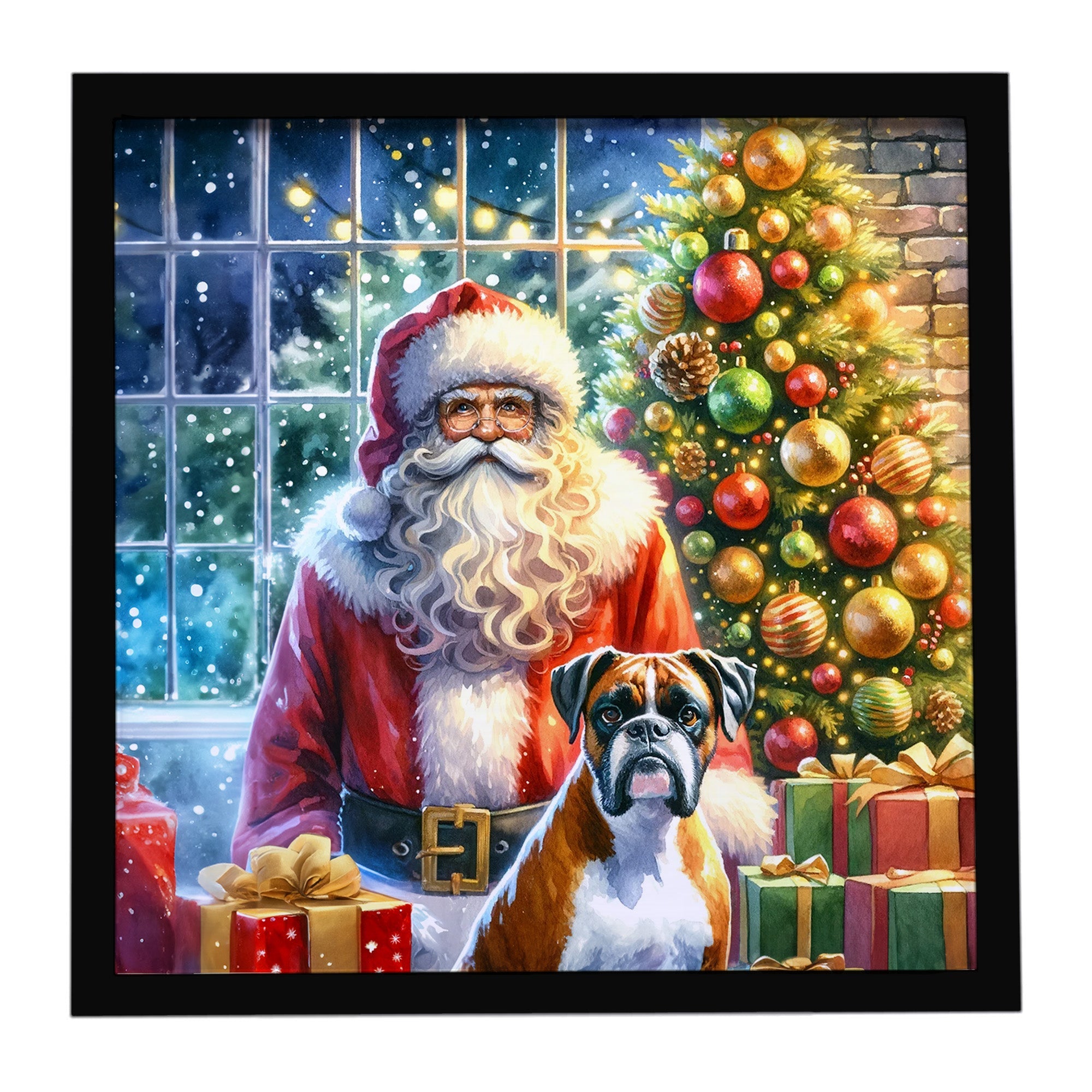 Boxer and Santa Claus Framed Metal Print Bathroom, Kitchen, Office, Home Decor Wall Art Ready to Hang, Square, 8X8