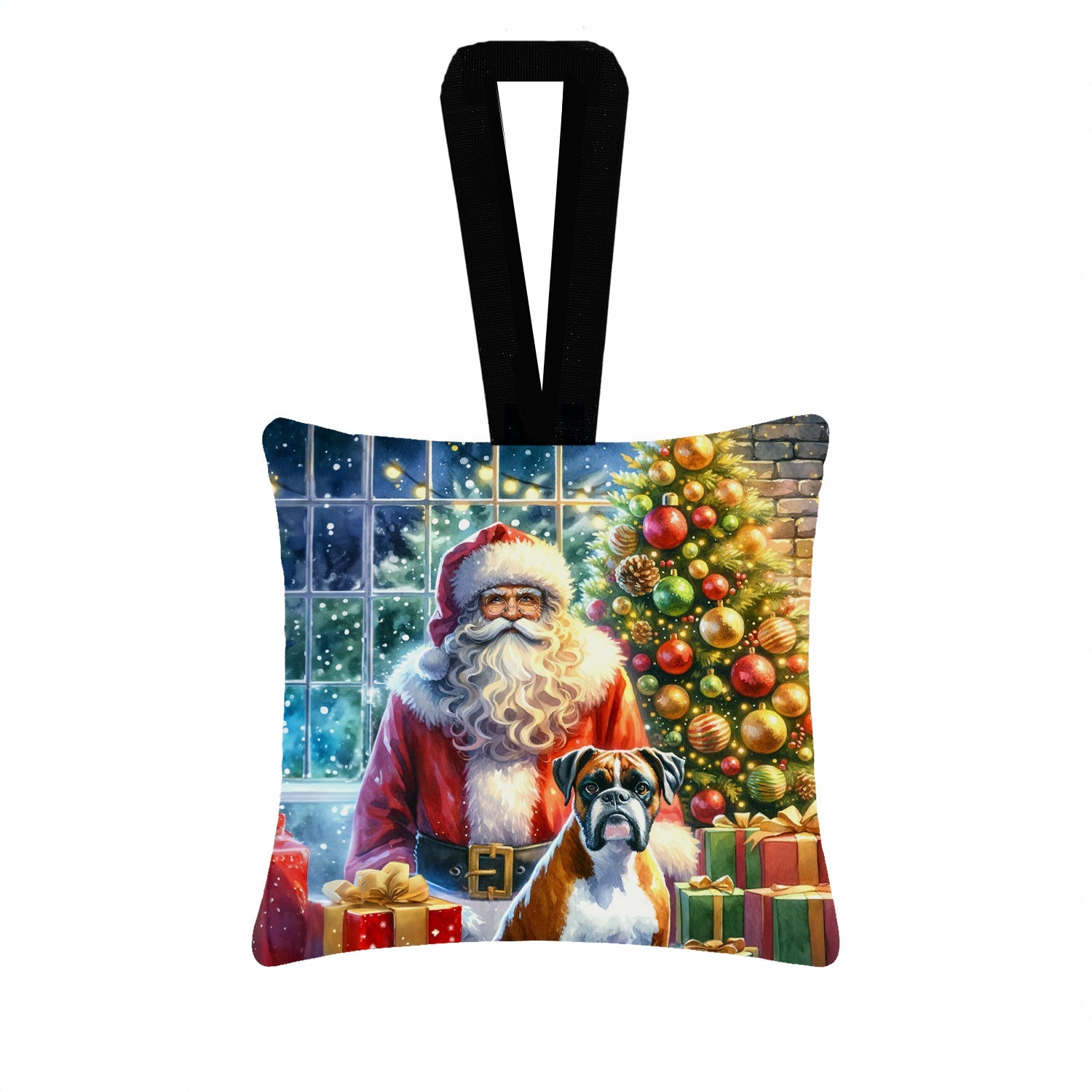 Boxer and Santa Claus Hanging Square Fabric Ornament 3.5 × 3.5 Decorative Door-Knob & Tree Hanger, Soft Fabric