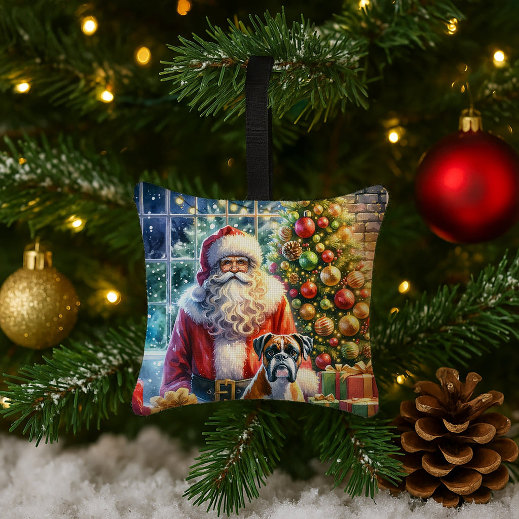 Boxer and Santa Claus Hanging Square Fabric Ornament 3.5 × 3.5 Decorative Door-Knob & Tree Hanger, Soft Fabric